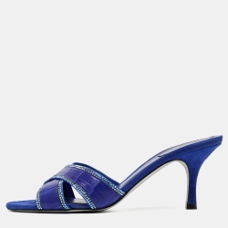 Rene Caovilla Blue Crocodile and Suede Crystal Embellished Slides Sandals Size 38.5