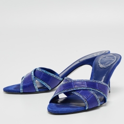 Rene Caovilla Blue Crocodile and Suede Crystal Embellished Slides Sandals Size 38.5