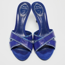 Rene Caovilla Blue Crocodile and Suede Crystal Embellished Slides Sandals Size 38.5