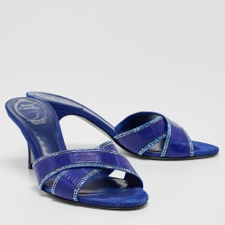 Rene Caovilla Blue Crocodile and Suede Crystal Embellished Slides Sandals Size 38.5