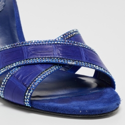 Rene Caovilla Blue Crocodile and Suede Crystal Embellished Slides Sandals Size 38.5