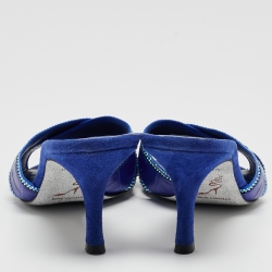 Rene Caovilla Blue Crocodile and Suede Crystal Embellished Slides Sandals Size 38.5