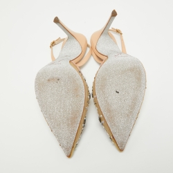 René Caovilla Beige Mesh and Leather Crystal Embellished Slingback Pumps Size 39