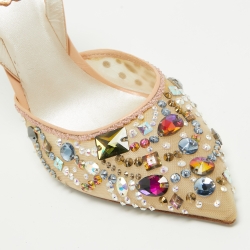 René Caovilla Beige Mesh and Leather Crystal Embellished Slingback Pumps Size 39