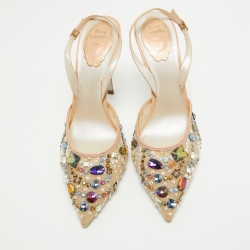 René Caovilla Beige Mesh and Leather Crystal Embellished Slingback Pumps Size 39