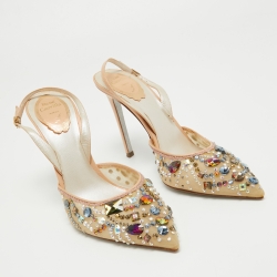 René Caovilla Beige Mesh and Leather Crystal Embellished Slingback Pumps Size 39