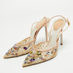 René Caovilla Beige Mesh and Leather Crystal Embellished Slingback Pumps Size 39