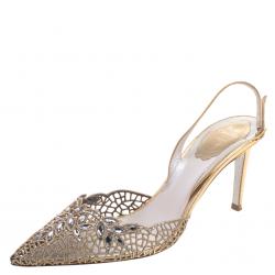 Pre Owned René Caovilla Gold Crystal Embellished Macrame Lace And Leather Slingback Sandals Size 38