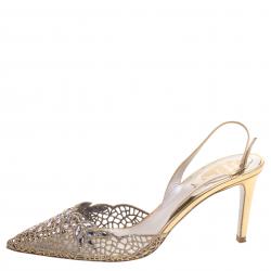 Pre Owned René Caovilla Gold Crystal Embellished Macrame Lace And Leather Slingback Sandals Size 38