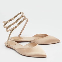 René Caovilla Beige Satin Ankle Wrap Flats Size 38