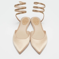 René Caovilla Beige Satin Ankle Wrap Flats Size 38