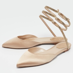 René Caovilla Beige Satin Ankle Wrap Flats Size 38