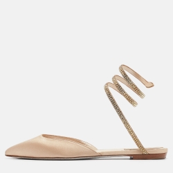 René Caovilla Beige Satin Ankle Wrap Flats Size 38