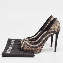 مملوكة مسبقًا René Caovilla Black Satin and Lace Pearl Embellished Peep Toe Platform Pumps Size 37