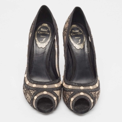مملوكة مسبقًا René Caovilla Black Satin and Lace Pearl Embellished Peep Toe Platform Pumps Size 37
