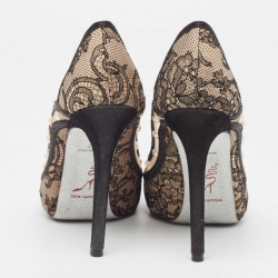 مملوكة مسبقًا René Caovilla Black Satin and Lace Pearl Embellished Peep Toe Platform Pumps Size 37