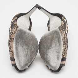 مملوكة مسبقًا René Caovilla Black Satin and Lace Pearl Embellished Peep Toe Platform Pumps Size 37