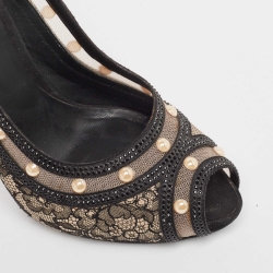 مملوكة مسبقًا René Caovilla Black Satin and Lace Pearl Embellished Peep Toe Platform Pumps Size 37
