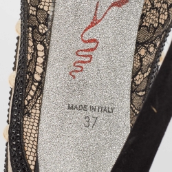 مملوكة مسبقًا René Caovilla Black Satin and Lace Pearl Embellished Peep Toe Platform Pumps Size 37