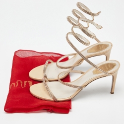 Pre Owned René Caovilla Beige Satin Cleo Crystals Sandals Size 39.5