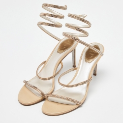 Pre Owned René Caovilla Beige Satin Cleo Crystals Sandals Size 39.5