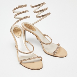 Pre Owned René Caovilla Beige Satin Cleo Crystals Sandals Size 39.5