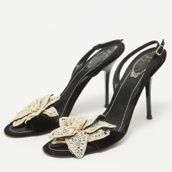 Pre Owned René Caovilla Black Velvet and Satin Pearls Embellished Slingback Sandals Size 40