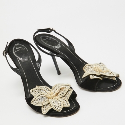 Pre Owned René Caovilla Black Velvet and Satin Pearls Embellished Slingback Sandals Size 40
