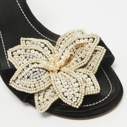 Pre Owned René Caovilla Black Velvet and Satin Pearls Embellished Slingback Sandals Size 40