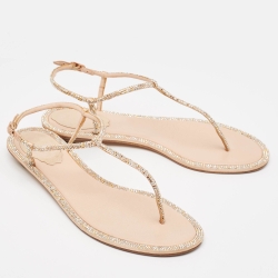 Pre Owned René Caovilla Metallic Crystal Embellished Satin Thong Flat Sandals Size 37