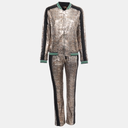 Roberto Cavalli Gym Metallic Gold Snakeskin Patterned Sequin Sweatshirt Jogger Set M/L