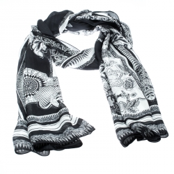 Pre Owned Roberto Cavalli Monochrome Printed Silk Chiffon Stole