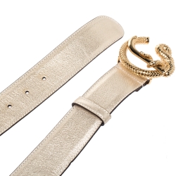 Pre Owned Roberto Cavalli Metallic Gold Leather Snake Buckle Belt 95CM