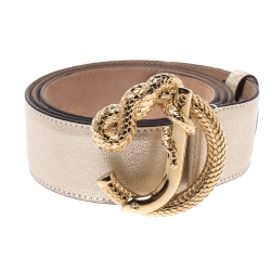 Pre Owned Roberto Cavalli Metallic Gold Leather Snake Buckle Belt 95CM