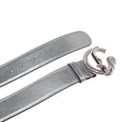 Roberto Cavalli Metallic Silver Leather Snake Buckle Belt 95CM