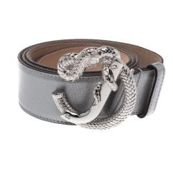 Roberto Cavalli Metallic Silver Leather Snake Buckle Belt 95CM