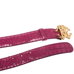 Pre Owned Roberto Cavalli Fuchsia Croc Embossed Leather Logo Buckle Belt 95CM