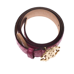 Pre Owned Roberto Cavalli Fuchsia Croc Embossed Leather Logo Buckle Belt 95CM