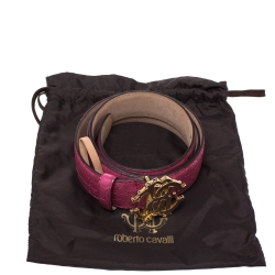 Pre Owned Roberto Cavalli Fuchsia Croc Embossed Leather Logo Buckle Belt 95CM