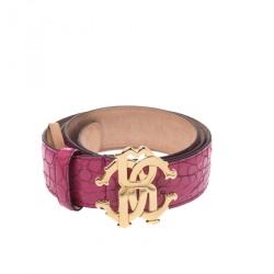 Pre Owned Roberto Cavalli Fuchsia Croc Embossed Leather Logo Buckle Belt 95CM