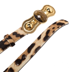 Pre Owned Roberto Cavalli Leopard Print Pony Hair Ribbon Buckle Belt 95CM