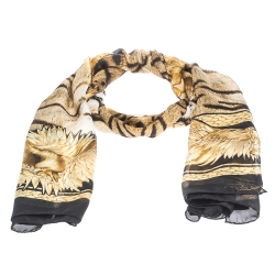 Pre Owned Roberto Cavalli Yellow & Black Eagle Print Silk Scarf