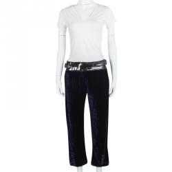 Pre Owned Roberto Cavalli Navy Blue Velvet Leather Trim Detail Belted Capri Pants M