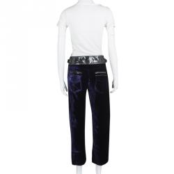 Pre Owned Roberto Cavalli Navy Blue Velvet Leather Trim Detail Belted Capri Pants M