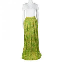 Pre Owned Roberto Cavalli Green and Yellow Floral Printed Cotton Pleat Detail Maxi Skirt M