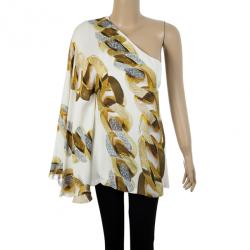 Pre Owned Roberto Cavalli White One Shoulder Printed Top L