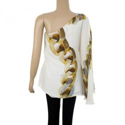 Pre Owned Roberto Cavalli White One Shoulder Printed Top L