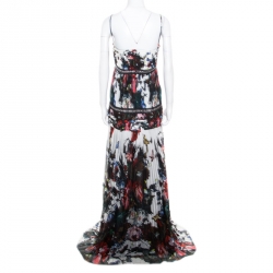 Pre Owned Roberto Cavalli Floral Printed Pleated Silk Chain Detail Maxi Dress L