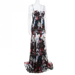Pre Owned Roberto Cavalli Floral Printed Pleated Silk Chain Detail Maxi Dress L