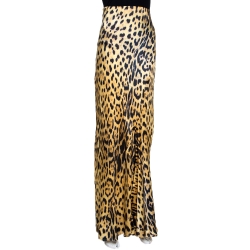 Pre Owned Roberto Cavalli Brown Animal Printed Silk Flared Maxi Skirt L